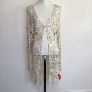 Berketex Women Cream Fish Net Dolly  Lace Long  Summer Cardigan/Swim Coverup 14